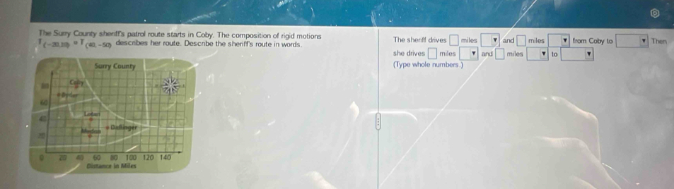 The Surry County sherff's patrol route starts in Coby. The composition of rigid motions
□ and □
T_(-20.19)circ T_(60,-50) describes her route. Describe the sheriff's route in words. The sheriff drives miles miles v and □ miles miles from Coby to Then 
she drives □
to 
(Type whole numbers.)