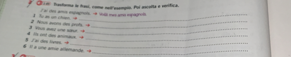 ( Trasforma le frasí, come nell'esempio. Poi ascolta e verifica. 
J'ai des amis espagnots. → Voillä mes amis espagnols. 
1 Tu as un chien. 
2 Nous avons des profs._ 
3 Vous avez une sœur._ 
4 Ils ont des animaux._ 
_ 
5 J'ai des livres. 
6 ll a une amie allemande._