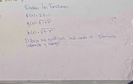 Dadas las fonciones
f(x)=2x-1
g(x)=sqrt(1+x)
h(x)-sqrt(4-x^2)
Dibvia sus graficas indicando el Domimio
colomin y rango.