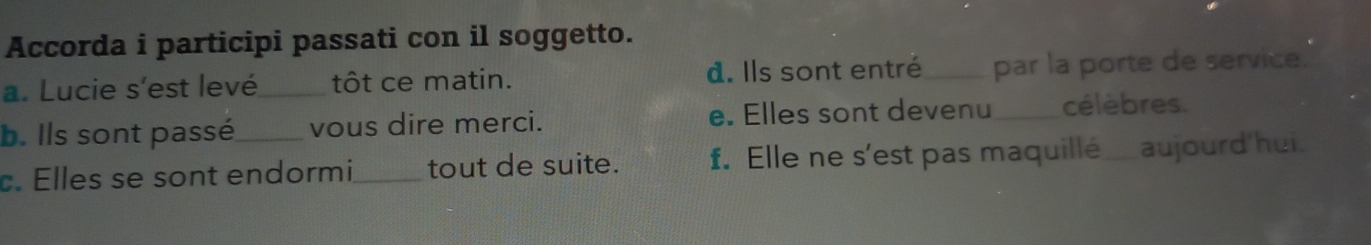 Accorda i participi passati con il soggetto.
a. Lucie s’est levé_ tôt ce matin. d. Ils sont entré_ par la porte de service.
b. Ils sont passé vous dire merci. e. Elles sont devenu _célèbres.
c. Elles se sont endormi_ tout de suite. f. Elle ne s’est pas maquillé_ aujourd'hui.