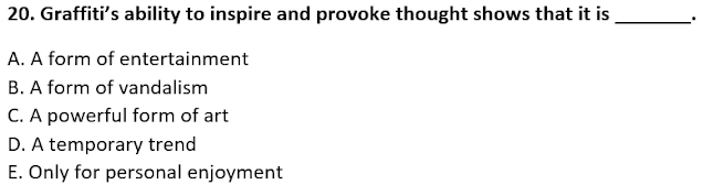 Graffiti’s ability to inspire and provoke thought shows that it is _.
A. A form of entertainment
B. A form of vandalism
C. A powerful form of art
D. A temporary trend
E. Only for personal enjoyment