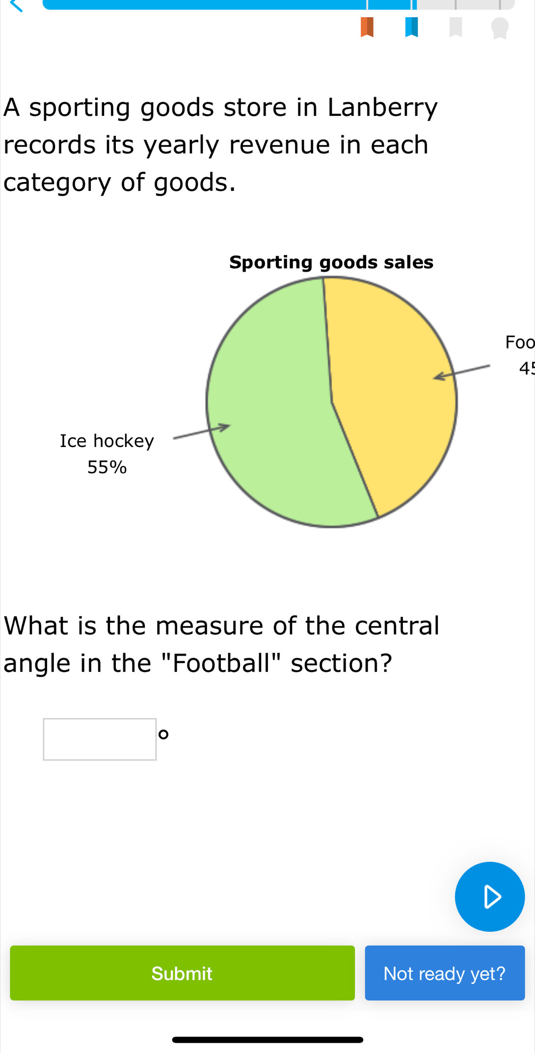 A sporting goods store in Lanberry 
records its yearly revenue in each 
category of goods. 
Sporting goods sales 
Foo
4
Ice hockey
55%
What is the measure of the central 
angle in the "Football" section? 
□ 
Submit Not ready yet?