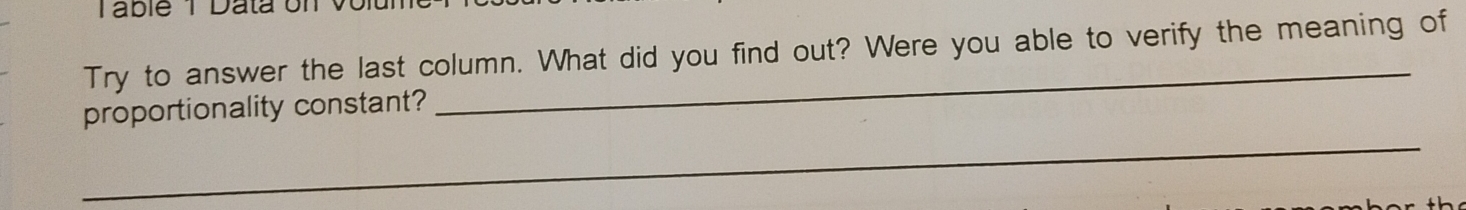 Tablé 1 Data un V 
Try to answer the last column. What did you find out? Were you able to verify the meaning of 
proportionality constant? 
_