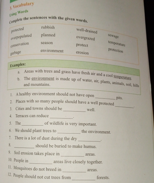 Vocabulary 
Using Words 
mplete the sentences with the given words. 
Examples: 
a. Areas with trees and grass have fresh air and a cool temperature 
b. The environment is made up of water, air, plants, animals, soil, hills 
and mountains. 
1. A healthy environment should not have open _pits. 
2. Places with so many people should have a well protected 
3. Cities and towns should be _well. 
_ 
4. Terraces can reduce _. 
5. The_ of wildlife is very important. 
6. We should plant trees to _the environment. 
7. There is a lot of dust during the dry_ 
8. _should be buried to make humus. 
9. Soil erosion takes place in _areas. 
10. People in _areas live closely together. 
_ 
11. Mosquitoes do not breed in areas. 
_ 
12. People should not cut trees from forests.