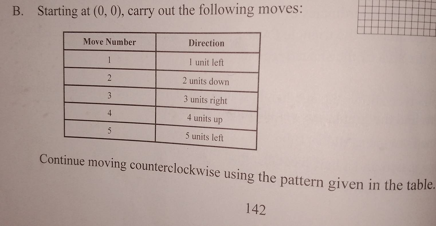 Starting at (0,0) , carry out the following moves: 
Continue moving counterclockwise using the pattern given in the table. 
142