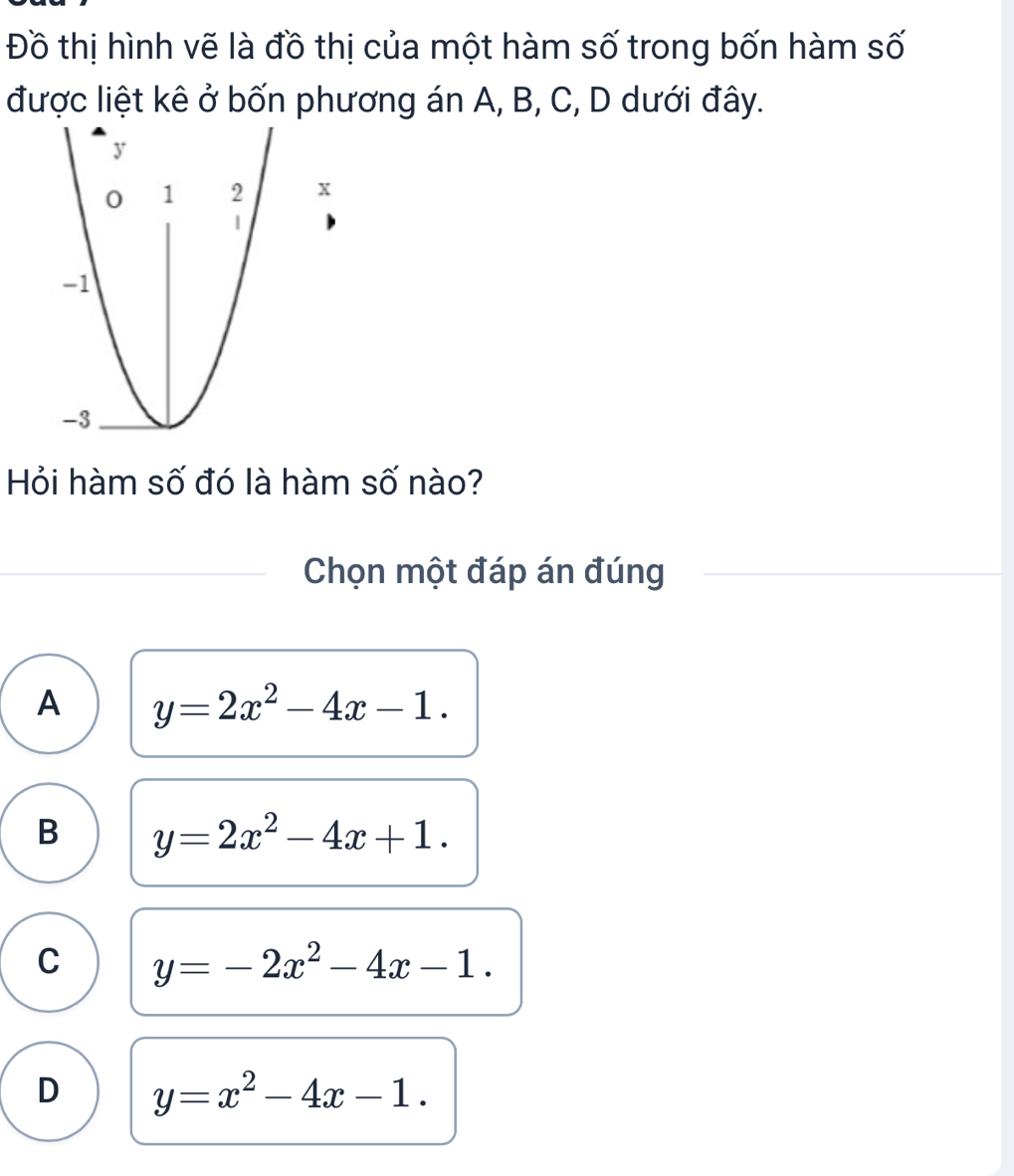 Đồ thị hình vẽ là đồ thị của một hàm số trong bốn hàm số
được liệt kê ở bốn phương án A, B, C, D dưới đây.
Hỏi hàm số đó là hàm số nào?
Chọn một đáp án đúng
A y=2x^2-4x-1.
B y=2x^2-4x+1.
C y=-2x^2-4x-1.
D y=x^2-4x-1.