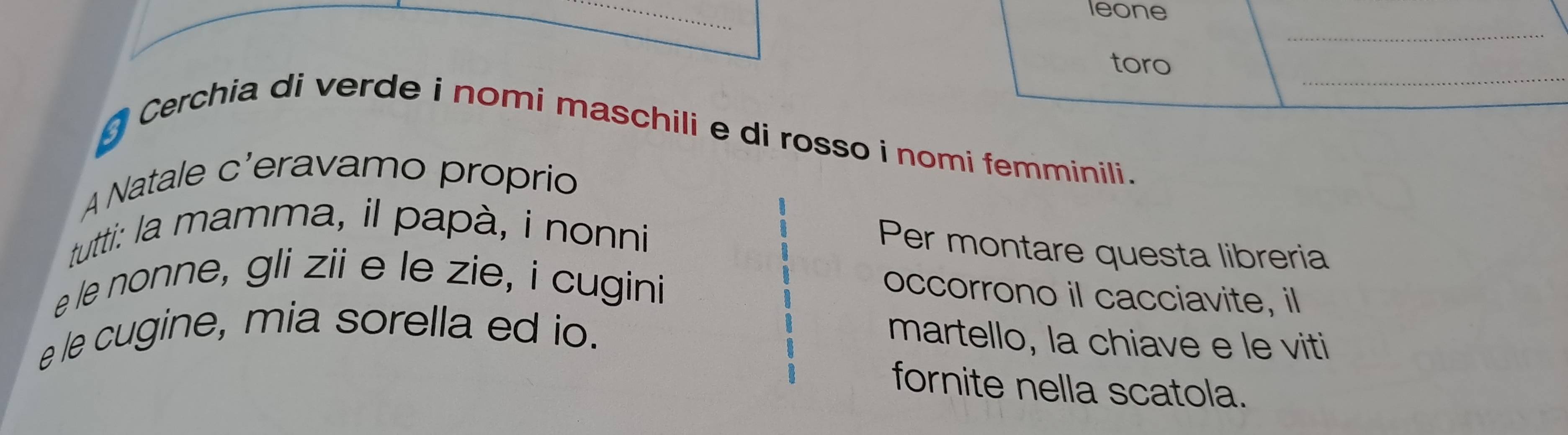 leone 
_ 
_ 
toro 
Cerchia di verde i nomi maschili e di rosso i nomi femminili. 
A Natale c’eravamo proprio 
tutti: la mamma, il papà, i nonni 
Per montare questa libreria 
e le nonne, gli zii e le zie, i cugini 
occorrono il cacciavite, il 
ele cugine, mia sorella ed io. 
martello, la chiave e le viti 
fornite nella scatola.