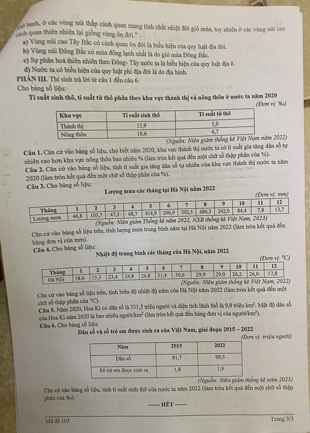 hanh, ở các vùng núi thấp cảnh quan mang tính chất nhiệt đới gió mùa, tuy nhiên ở các vùng núi cao
cảnh quan thiên nhiên lại giống vùng ôn đới.''
a) Vùng núi cao Tây Bắc có cảnh quan ôn đới là biểu hiện của quy luật địa đới.
b) Vùng núi Đông Bắc có mùa đông lạnh nhất là do gió mùa Đồng Bắc.
c) Sự phân hoá thiên nhiên theo Đông- Tây nước ta là biểu hiện của quy luật địa ô.
d) Nước ta có biểu hiện của quy luật phi địa đới là do địa hình.
PHẢN III. Thí sinh trả lời từ câu 1 đến câu 6.
Cho bảng số liệu:
Tỉ suất sinh thô, tỉ suất tử thô phân theo khu vực thành thị và nông thôn ở nước ta năm 2020
(Đơn vị: ‰)
( 2022)
Câu 1. Căn cử vào bảng số liệu, cho biết năm 2020, khu vực thành thị nước ta có tỉ suất gia tăng dân số tự
nhiên cao hơn khu vực nông thôn bao nhiêu % (làm tròn kết quả đến một chữ số thập phân của %).
Câu 2. Căn cứ vào bảng số liệu, tính tỉ suất gia tăng dân số tự nhiên của khu vực thành thị nước ta năm
2020 (làm tròn kết quả đến một chữ số thập phân của %).
Câu 3. Cho bảng số liệu:
Lượng mưa các tháng tại Hà Nội năm 2022
(Đơn vị: mm)
Căn cứ vào bảng số liệu trên, tính lượng mưa trung bình năm tại Hà Nội năm 2022 (làm tròn kết quả đến
hàng đơn vị của mm).
Câu 4. Cho bảng số liệu:
Nhiệt độ trung bình các tháng của Hà Nội, năm 2022
(Đơn vị: ºC)
Căn cứ vào bảng số liệu trên, tính biên độ nhiệt độ năm của Hà Nội năm 2022 (làm tròn kết quả đến một
chữ số thập phân của 1°C).
Câu 5. Năm 2020, Hoa Kì có dân số là 331,5 triệu người và diện tích lãnh thổ là 9,8 triệu km^2 *. Mật độ dân số
của Hoa Kì năm 2020 là bao nhiêu ngườia /km^2 (làm tròn kết quả đến hàng đơn vị của người/km²).
Câu 6. Cho bảng số liệu:
Dân số và số trẻ em được sinh ra của Việt Nam, giai đoạn 2015 - 2022
(Đơn vị: triệu người)
g kê năm 2023)
Căn cứ vào bảng số liệu, tính tỉ suất sinh thô của nước ta năm 2022 (làm tròn kết quả đến một chữ số thập
phân của ‰).
_hét_
Mã đề 103 Trang 3/3