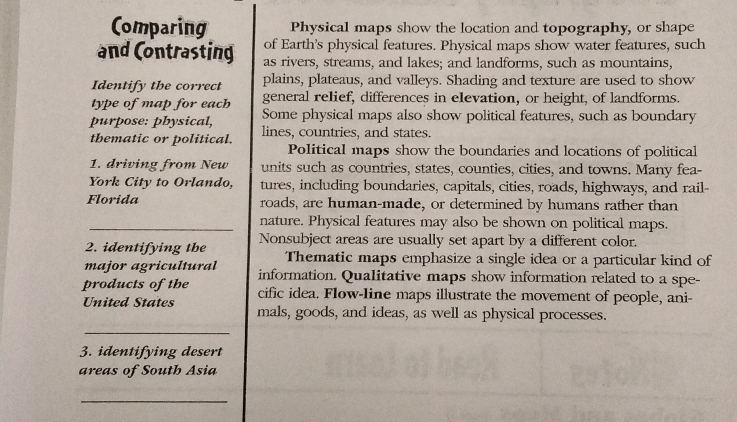 Comparing Physical maps show the location and topography, or shape 
of Earth's physical features. Physical maps show water features, such 
and Contrasting as rivers, streams, and lakes; and landforms, such as mountains, 
Identify the correct plains, plateaus, and valleys. Shading and texture are used to show 
type of map for each general relief, differences in elevation, or height, of landforms. 
purpose: pbysical, Some physical maps also show political features, such as boundary 
thematic or political. lines, countries, and states. 
Political maps show the boundaries and locations of political 
1. driving from New units such as countries, states, counties, cities, and towns. Many fea- 
York City to Orlando, tures, including boundaries, capitals, cities, roads, highways, and rail- 
Florida roads, are human-made, or determined by humans rather than 
_nature. Physical features may also be shown on political maps. 
2. identifying the Nonsubject areas are usually set apart by a different color. 
Thematic maps emphasize a single idea or a particular kind of 
major agricultural information. Qualitative maps show information related to a spe- 
products of the cific idea. Flow-line maps illustrate the movement of people, ani- 
United States mals, goods, and ideas, as well as physical processes. 
_ 
3. identifying desert 
areas of South Asia 
_