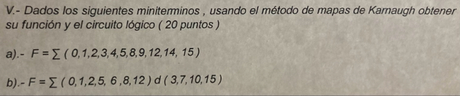 Dados los siguientes miniterminos , usando el método de mapas de Karnaugh obtener 
su función y el circuito lógico ( 20 puntos ) 
a). -F=sumlimits (0,1,2,3,4,5,8,9,12,14,15)
b). -F=sumlimits (0,1,2,5,6,8,12)d(3,7,10,15)