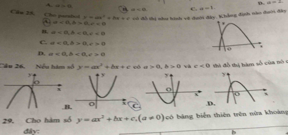 D. a=2.
A. a>0. a a<0</tex>. C. a=1. 
Câu 25. Cho parabol y=ax^2+bx+c có đồ thị như hình vẽ đưới đây. Khẳng định nào đưới đây
a<0</tex>, b>0, c<0</tex>
B. a<0</tex>, b<0</tex>, c<0</tex>
C. a<0</tex>, b>0, c>0
D. a<0</tex>, b<0</tex>, c>0
Câu 26. Nếu hàm số y=ax^2+bx+c có a>0, b>0 và c<0</tex> thì đồ thị hàm số của nó c
C
29. Cho hàm số y=ax^2+bx+c, (a!= 0)c6 có bảng biến thiên trên nửa khoảng
đây: b