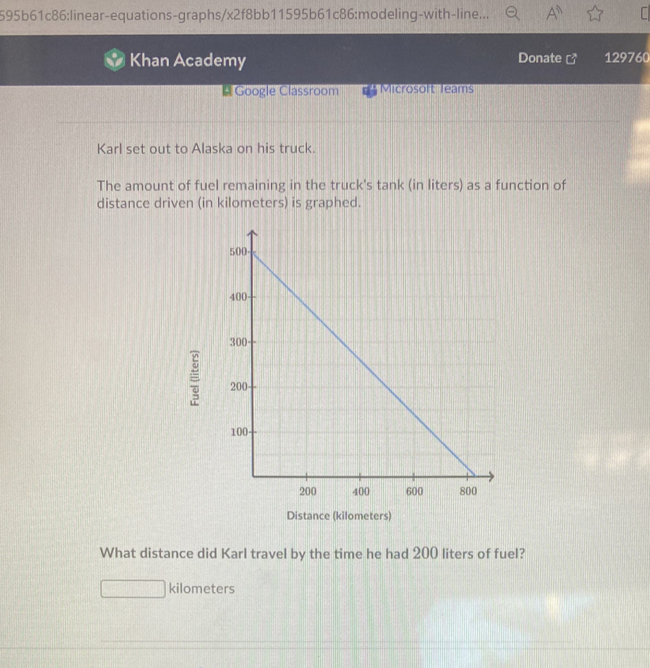 595b61c86:linear-equations-graphs/x2f8bb11595b61c86:modeling-with-line... 
Khan Academy Donate 129760 
Google Classroom Microsoft Teams 
Karl set out to Alaska on his truck. 
The amount of fuel remaining in the truck's tank (in liters) as a function of 
distance driven (in kilometers) is graphed. 

Distance (kilometers) 
What distance did Karl travel by the time he had 200 liters of fuel?
kilometers