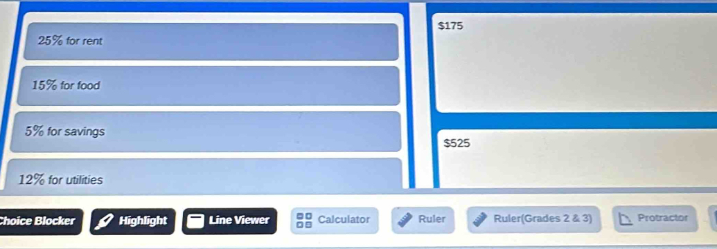 $175
25% for rent
15% for food
5% for savings
$525
12% for utilities 
Choice Blocker Highlight Line Viewer Calculator Ruler Ruler(Grades 2 & 3) Protractor