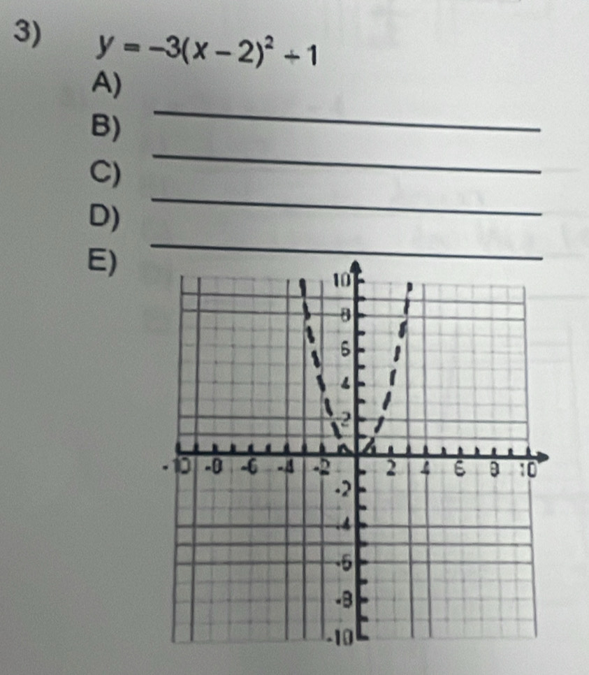 y=-3(x-2)^2+1
A)
B)
_
_
C)
_
D)
E)