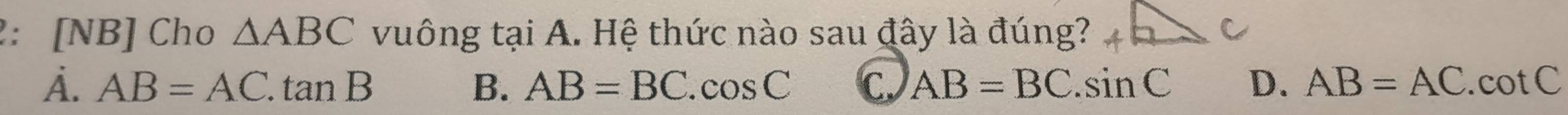 2: [NB] Cho △ ABC vuông tại A. Hệ thức nào sau đây là đúng?
À. AB=AC.tan B B. AB=BC.cos C C. AB=BC.sin C D. AB=AC.cot C