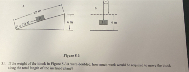 A 
B
12 m
B
F=70N
4 m R 4 m
Figure 5-3 
31. If the weight of the block in Figure 5-3A were doubled, how much work would be required to move the block 
along the total length of the inclined plane?