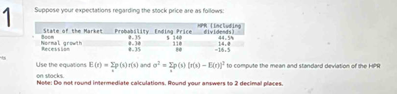 Suppose your expectations regarding the stock price are as follows: 
nts 
Use the equations E(r)=sumlimits _sp(s)r(s) and sigma^2=sumlimits _srho (s)[r(s)-E(r)]^2 to compute the mean and standard deviation of the HPR 
on stocks. 
Note: Do not round intermediate calculations. Round your answers to 2 decimal places.