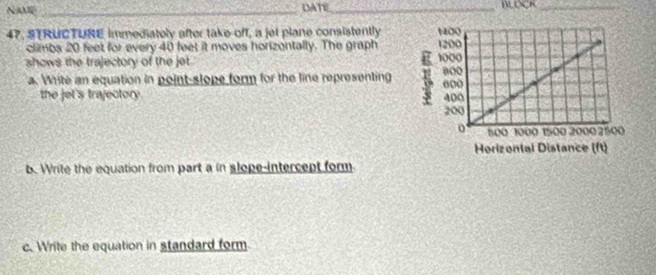 NAM _DATE_ BLOCK_ 
47. STRUCTURE immediately after take-off, a jet plane consistently 
climbs 20 feet for every 40 feet it moves horizontally. The graph 
shows the trajectory of the jet. 
a. White an equation in point-slope form for the line representing 
the jet's trajectory . 
b. Write the equation from part a in slope-intercept for 
c. Write the equation in standard form