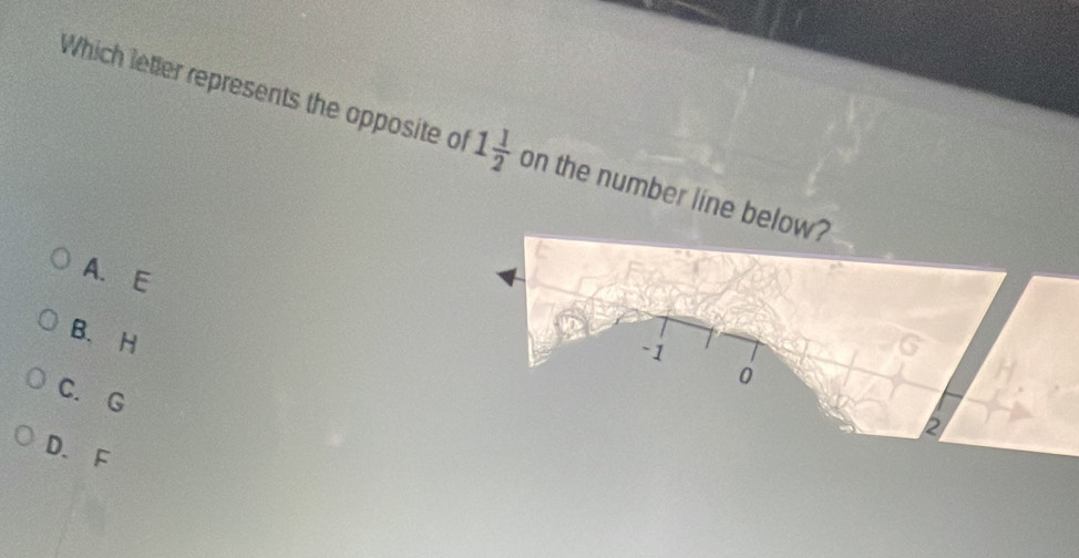 Which letter represents the opposite of 1 1/2  on the number line below?
A. E
B. H
-1
0
C. G
2
D. F