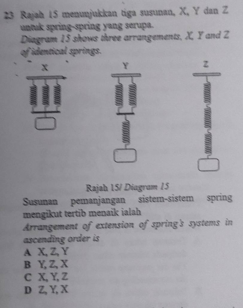 Rajah 15 menunjukkan tiga susunan, X, Y dan Z
untuk spring-spring yang serupa.
Diagram 15 shows three arrangements, X, Y and Z
of identical springs.
Y
z
5
B
Rajah 15/ Diagram 15
Susunan pemanjangan sistem-sistem spring
mengikut tertib menaik ialah 
Arrangement of extension of spring's systems in
ascending order is
A X, Z, Y
B Y, Z, X
C X, Y, Z
D Z, Y, X