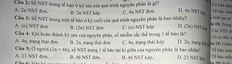 Số NST trong tế bào ở kỳ sau của quá trình nguyên phân là gì?
Có khả năn
Tế bào sinh
A. 2n NST đơn. B. 2n NST kép. C. 4n NST đơn. D. 4n NST kép.
Câu 3: Số NST trong một tế bào ở kỳ cuối của quá trình nguyên phân là bao nhiêu? tỉnh tạo ra
iu 18: Trong
A. (n) NST đơn B. (2n) NST đơn C. (n) NST kép D. (2n) NST kép Các NST đ
Câu 4: Khi hoàn thành kỳ sau của nguyên phân, số nhiễm sắc thể trong 1 tế bào là?
Có sự dãn x
A. 4n, trạng thái đơn B. 2n, trạng thái đơn C. 4n, trạng thái kép D. 2n, trạng thái d âu 19 : Giảm
Câu 5: Ở người (2n=46) S, số NST trong 1 tế bào tại kì giữa của nguyên phân là bao nhiêu? Tế bào sinh
A. 23 NST đơn. B. 46 NST đơn. B. 46 NST kép. D. 23 NST kép Tế bào mần
Câu 6: Và âu 20: Điền