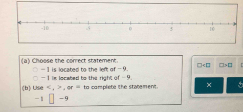 Choose the correct statement.
□ □ >□
-1 is located to the left of -9.
-1 is located to the right of -9.
(b) Use , , or = to complete the statement. ×
-1 ] −9