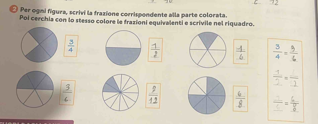 〇 Per ogni figura, scrivi la frazione corrispondente alla parte colorata. 
Poi cerchia con lo stesso colore le frazioni equivalenti e scrivile nel riquadro.
 3/4 ;
 4/6 ;  (...)/... = (6...)/... 