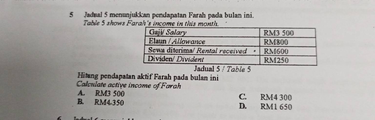 Jadual 5 menunjukkan pendapatan Farah pada bulan ini.
Table 5 shows Farah's income in this month.
Jadual 5 / Table 5
Hitung pendapatan aktif Farah pada bulan ini
Calculate active income of Farah
A. RM3 500 C. RM4 300
B. RM4 350 D. RM1 650