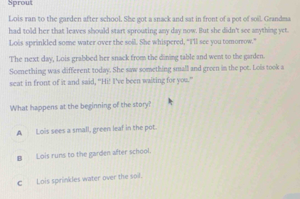 Sprout
Lois ran to the garden after school. She got a snack and sat in front of a pot of soil. Grandma
had told her that leaves should start sprouting any day now. But she didn't see anything yet.
Lois sprinkled some water over the soil. She whispered, “I'll see you tomorrow.”
The next day, Lois grabbed her snack from the dining table and went to the garden.
Something was different today. She saw something small and green in the pot. Lois took a
seat in front of it and said, “Hi! I’ve been waiting for you.”
What happens at the beginning of the story?
A Lois sees a small, green leaf in the pot.
B Lois runs to the garden after school.
c Lois sprinkles water over the soil.