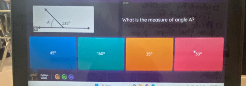 What is the measure of angle A?
45°
160°
35°
30°