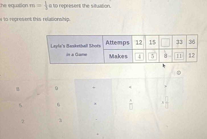 the equation m= 1/3  a to represent the situation.
to represent this relationship.
8
9
+
5
6
×
 x/□   x □ /□  
2
3
+