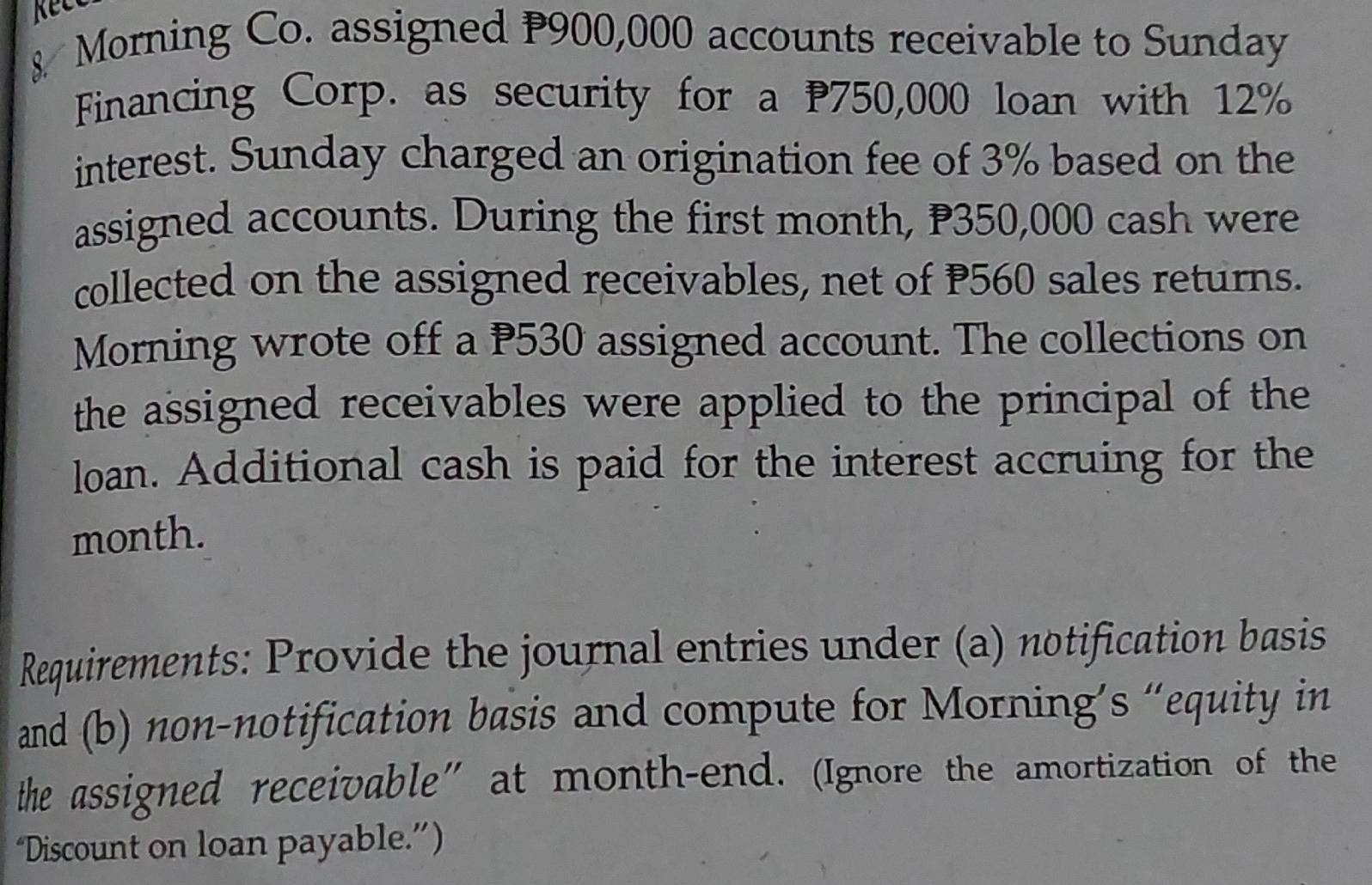 Solved: Ket & Morning Co. assigned P900,000 accounts receivable to ...