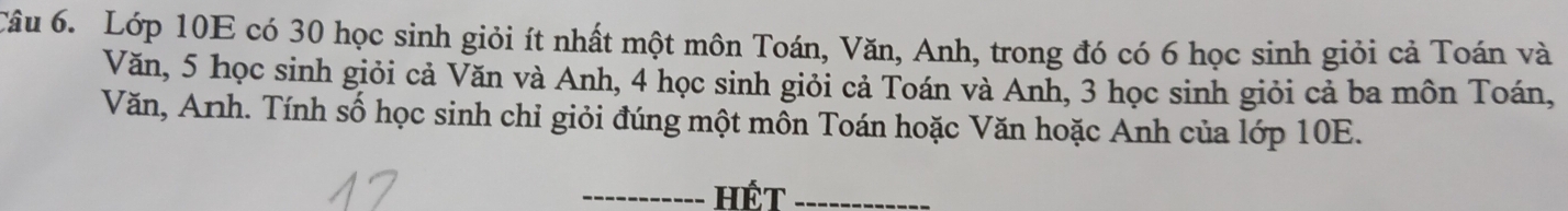 Lớp 10E có 30 học sinh giỏi ít nhất một môn Toán, Văn, Anh, trong đó có 6 học sinh giỏi cả Toán và 
Văn, 5 học sinh giỏi cả Văn và Anh, 4 học sinh giỏi cả Toán và Anh, 3 học sinh giỏi cả ba môn Toán, 
Văn, Anh. Tính số học sinh chỉ giỏi đúng một mồn Toán hoặc Văn hoặc Anh của lớp 10E. 
_HếT_