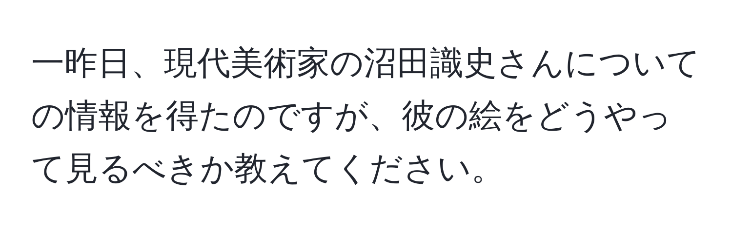 一昨日、現代美術家の沼田識史さんについての情報を得たのですが、彼の絵をどうやって見るべきか教えてください。