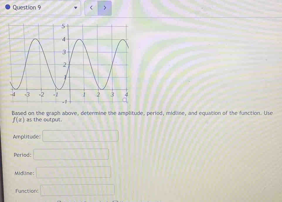 Based on the graph above, determine the amplitude, period, midline, and equation of the function. Use
f(x) as the output. 
Amplitude: □ 
Period: □ 
Midline: □ 
Function: □