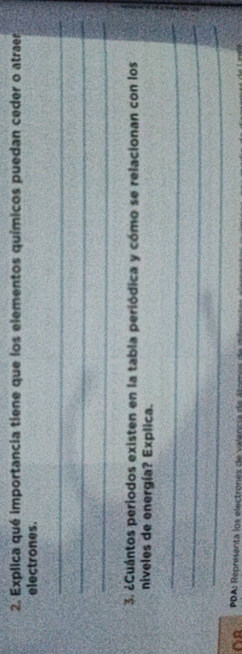Explica qué importancia tiene que los elementos químicos puedan ceder o atraer 
electrones. 
_ 
_ 
_ 
3. ¿Cuántos periodos existen en la tabla periódica y cómo se relacionan con los 
niveles de energía? Explica. 
_ 
_ 
_ 
On PDA: Representa los electrones de valencia de éfomes d e dd