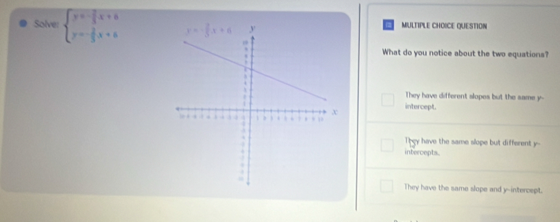 Solver beginarrayl y=- 2/3 x+6 y=- 2/3 x+6endarray. MULTIPLE CHOICE QUESTION
(2
What do you notice about the two equations?
They have different slopes but the same y-
intercept.
Tgy have the same slope but different y--
intercepts.
They have the same slope and y-intercept.