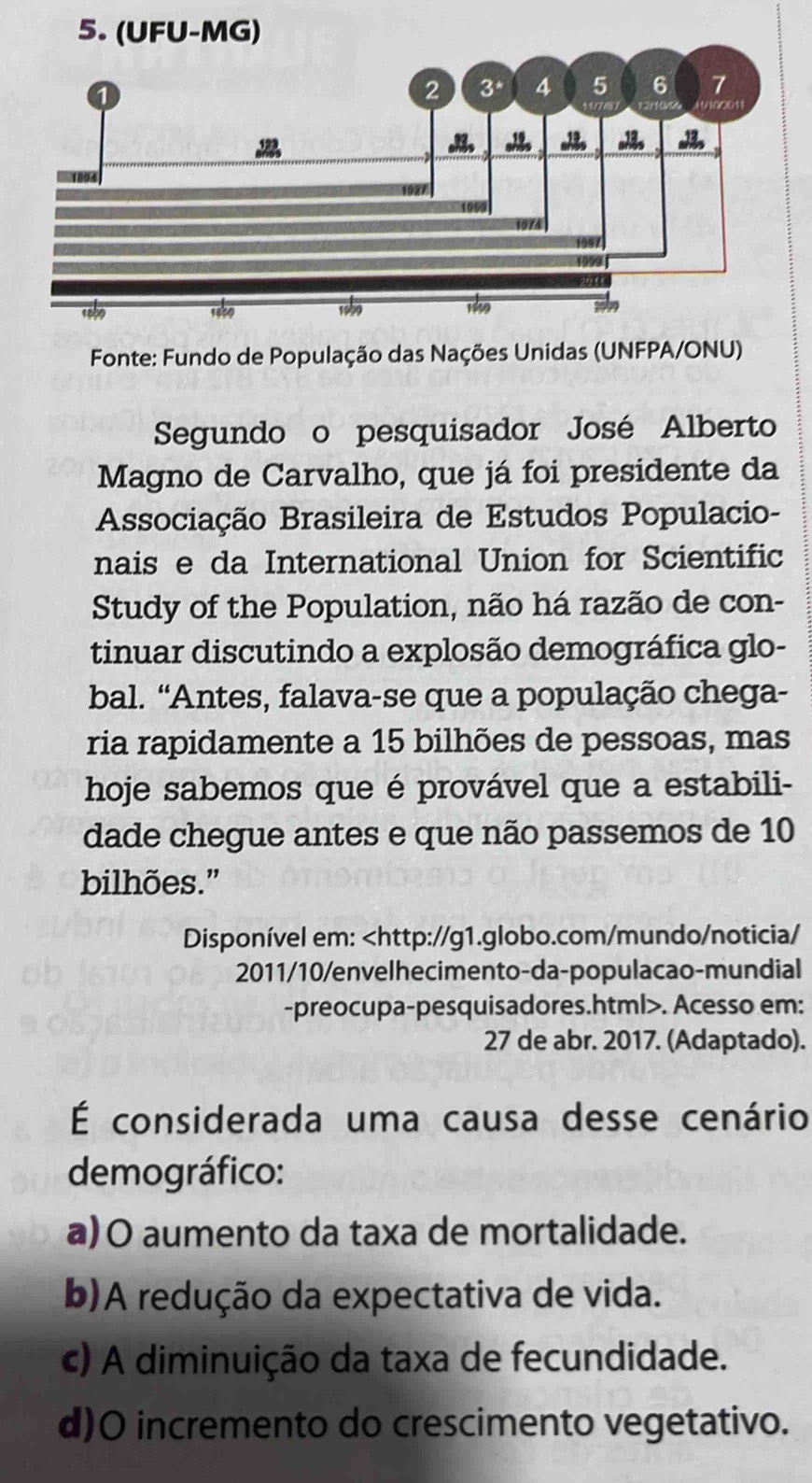 Fonte: Fundo de População das Nações Unidas (UNFPA/ONU)
Segundo o pesquisador José Alberto
Magno de Carvalho, que já foi presidente da
Associação Brasileira de Estudos Populacio-
nais e da International Union for Scientific
Study of the Population, não há razão de con-
tinuar discutindo a explosão demográfica glo-
bal. “Antes, falava-se que a população chega-
ria rapidamente a 15 bilhões de pessoas, mas
hoje sabemos que é provável que a estabili-
dade chegue antes e que não passemos de 10
bilhões.”
Disponível em:. Acesso em:
27 de abr. 2017. (Adaptado).
É considerada uma causa desse cenário
demográfico:
a)O aumento da taxa de mortalidade.
b)A redução da expectativa de vida.
c) A diminuição da taxa de fecundidade.
d)O incremento do crescimento vegetativo.