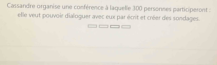 Cassandre organise une conférence à laquelle 300 personnes participeront : 
elle veut pouvoir dialoguer avec eux par écrit et créer des sondages.