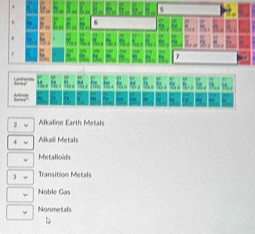 Alkaline Earth Metals
Alkali Metals
Metalloids
3 Transition Metals
Noble Gas
Nonmetals