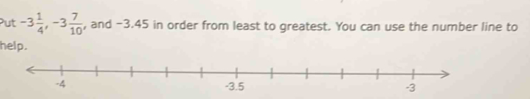 Put -3 1/4 , -3 7/10  , and -3.45 in order from least to greatest. You can use the number line to
help.
-4 -3.5 -3