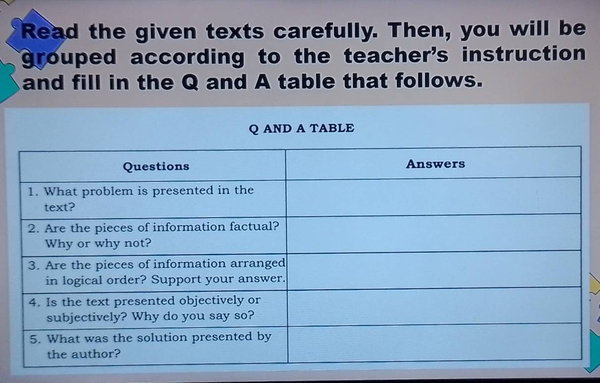 Read the given texts carefully. Then, you will be 
grouped according to the teacher's instruction 
and fill in the Q and A table that follows.
Q AND ATABLE