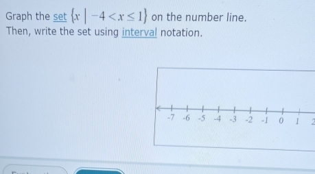 Graph the set  x|-4 on the number line. 
Then, write the set using interval notation. 
2