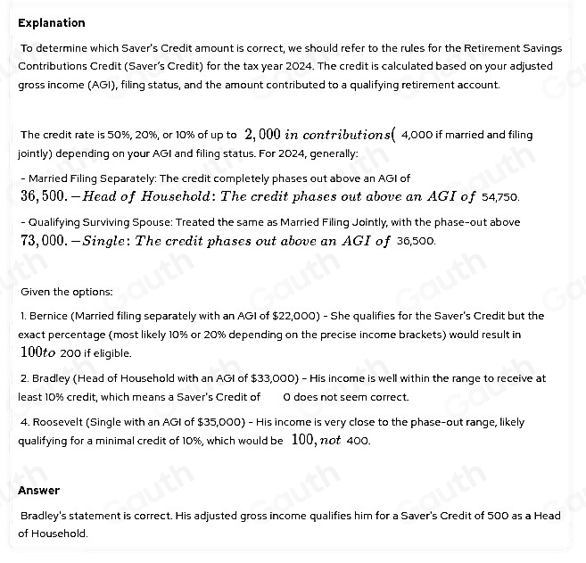 Solved: Each of these taxpayers made $1,000 in contributions to a 401 ...