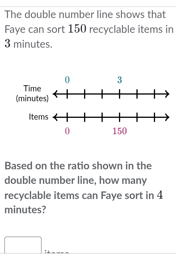 The double number line shows that 
Faye can sort 150 recyclable items in
3 minutes. 
Based on the ratio shown in the 
double number line, how many 
recyclable items can Faye sort in 4
minutes?