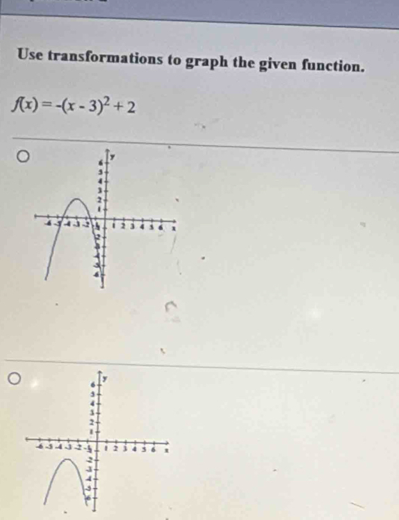 Use transformations to graph the given function.
f(x)=-(x-3)^2+2