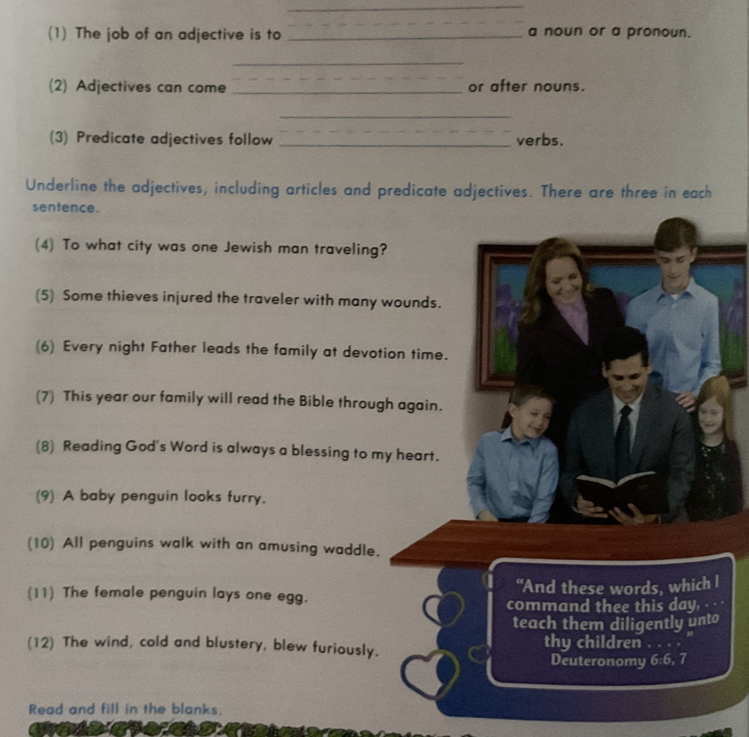 (1) The job of an adjective is to _a noun or a pronoun. 
_ 
(2) Adjectives can come _or after nouns. 
_ 
(3) Predicate adjectives follow _verbs. 
Underline the adjectives, including articles and predicate adjectives. There are three in each 
sentence. 
(4) To what city was one Jewish man traveling? 
(5) Some thieves injured the traveler with many wounds. 
(6) Every night Father leads the family at devotion time. 
(7) This year our family will read the Bible through again. 
(8) Reading God's Word is always a blessing to my heart. 
(9) A baby penguin looks furry. 
(10) All penguins walk with an amusing waddle. 
(11) The female penguin lays one egg. “And these words, which I 
command thee this day, 
teach them diligently unto 
(12) The wind, cold and blustery, blew furiously. thy children 
Deuteronomy 6:6, 7
Read and fill in the blanks.