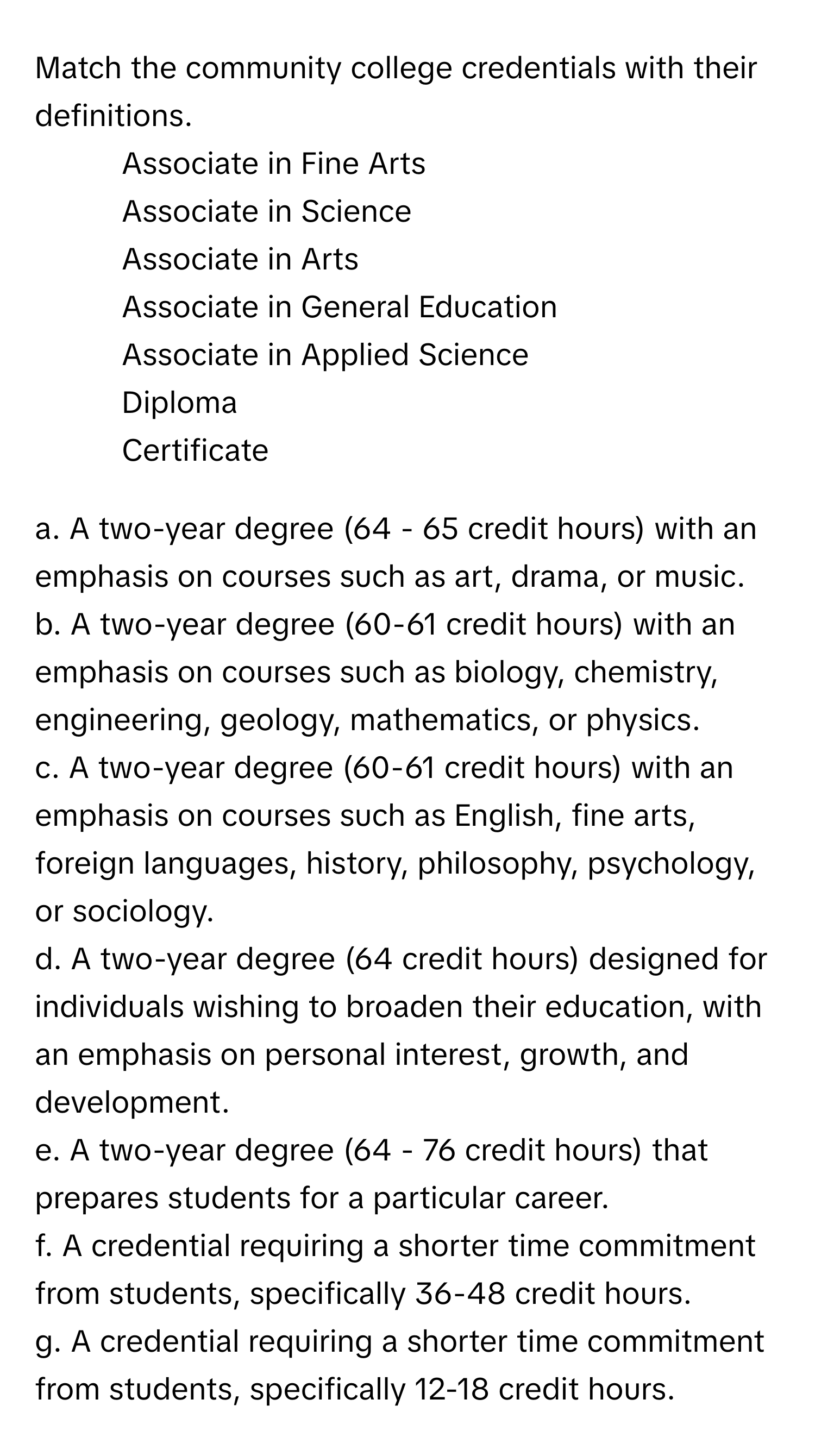 Solved: Match the community college credentials with their definitions ...
