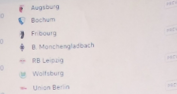 PRE
Augsburg
0
Bochum
Fribourg
PRCV
0
B. Monchengladbach
RB Leipzig
0 PRE
Wolfsburg
Union Berlin
PRE