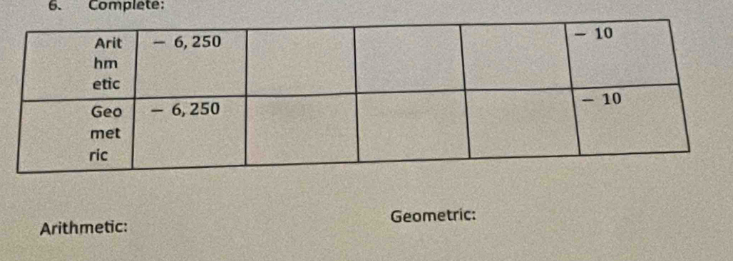 Complete: 
Arithmetic: Geometric: